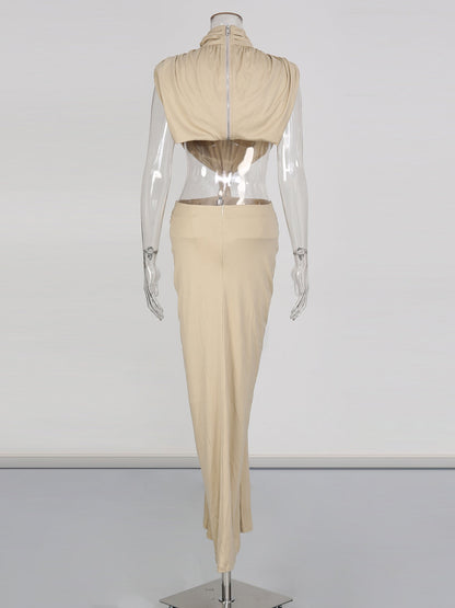 Khaki Cutout Maxi Dress with Draped Knot - SISPELL