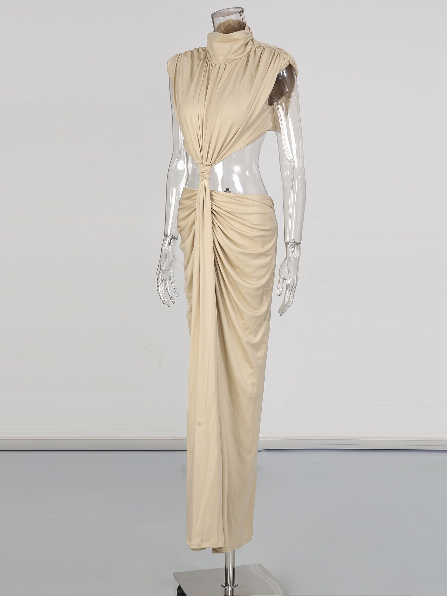 Khaki Cutout Maxi Dress with Draped Knot - SISPELL