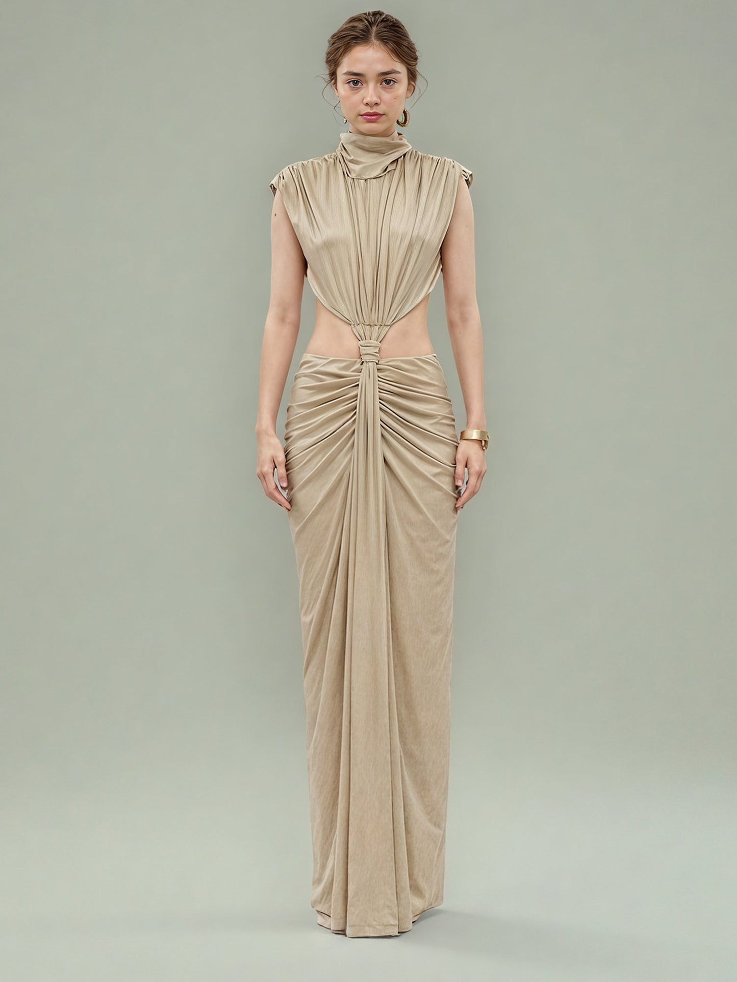 Khaki Cutout Maxi Dress with Draped Knot - SISPELL