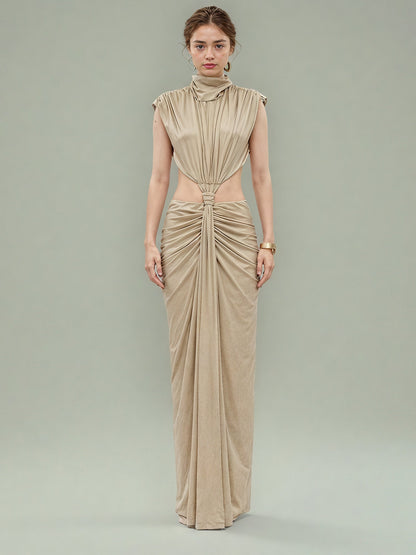 Khaki Cutout Maxi Dress with Draped Knot - SISPELL