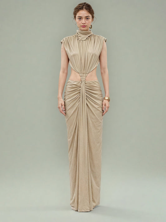 Khaki Cutout Maxi Dress with Draped Knot - SISPELL