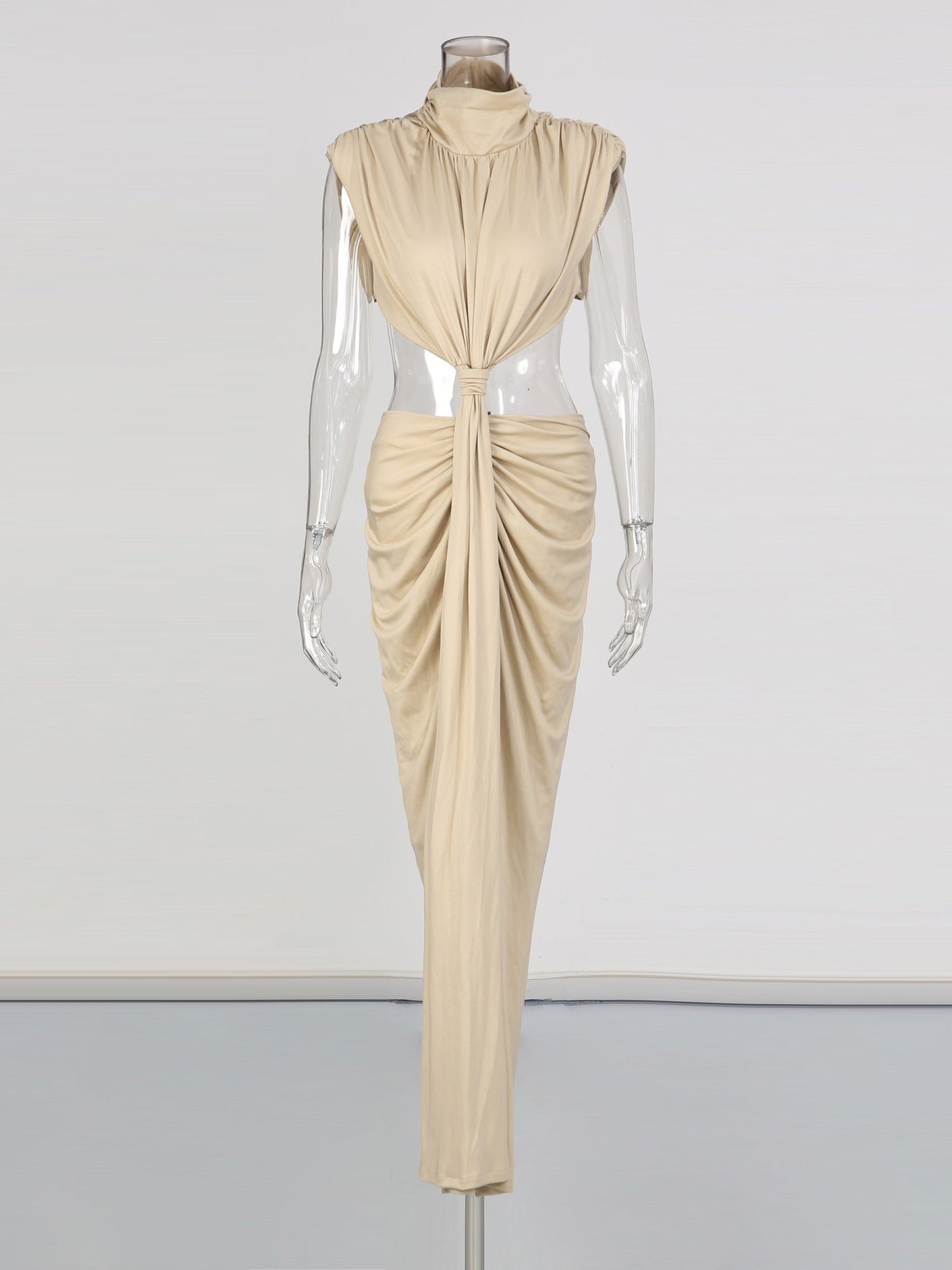 Khaki Cutout Maxi Dress with Draped Knot - SISPELL