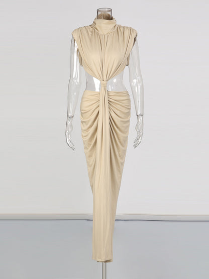 Khaki Cutout Maxi Dress with Draped Knot - SISPELL