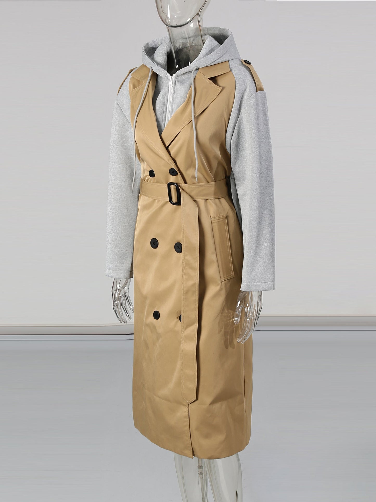 Khaki Hooded Double - Breasted Trench Coat - SISPELL