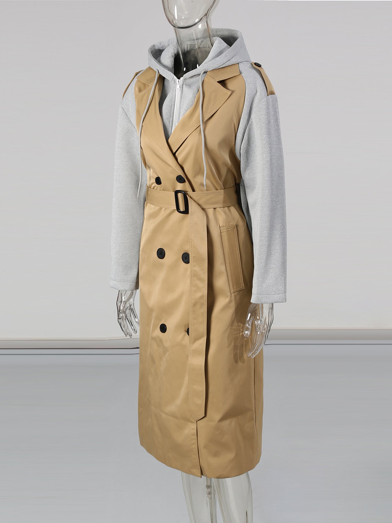 Khaki Hooded Double - Breasted Trench Coat - SISPELL