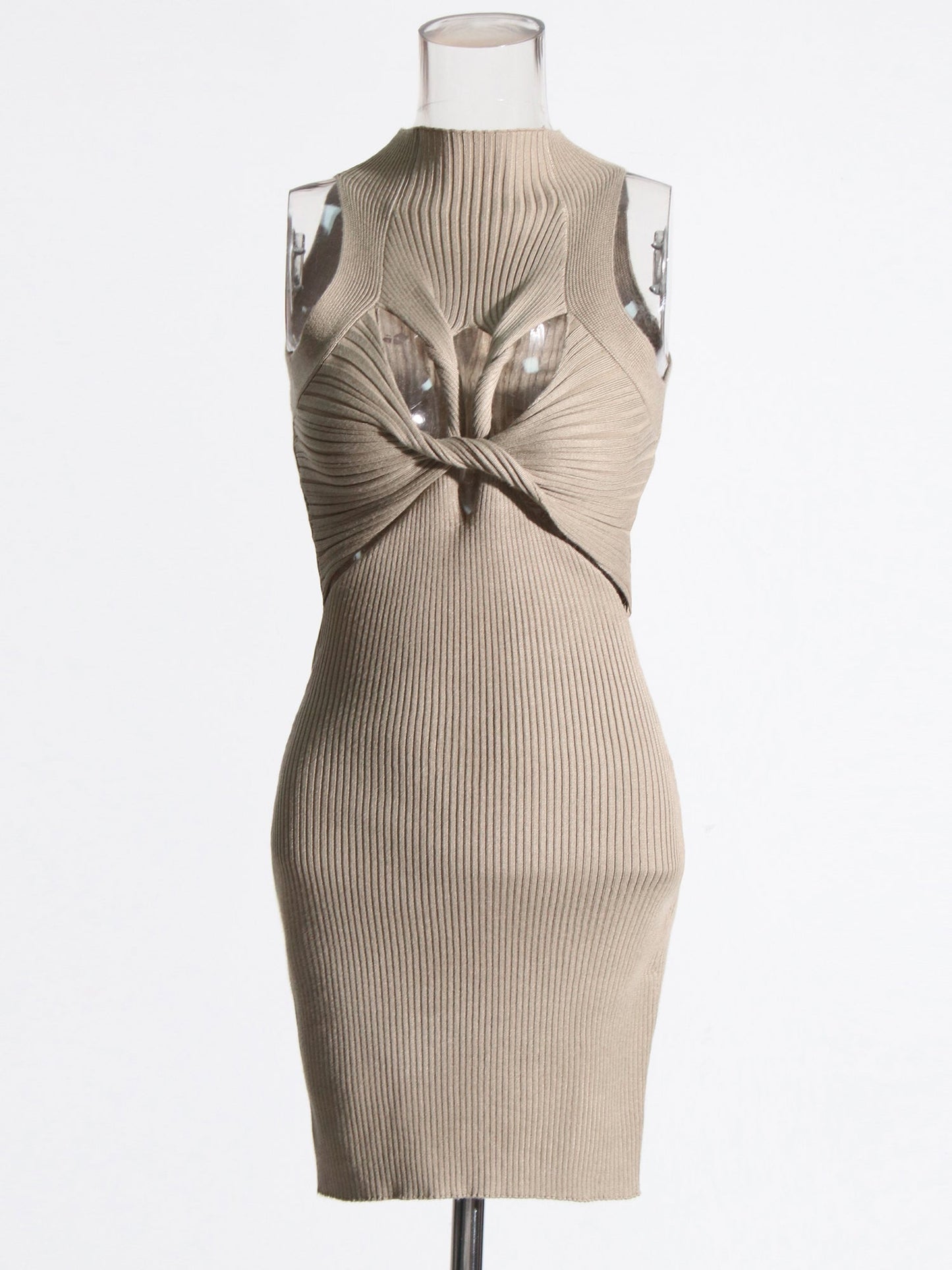 Khaki Knit Cutout Knot Bodycon Mini Dress - SISPELL