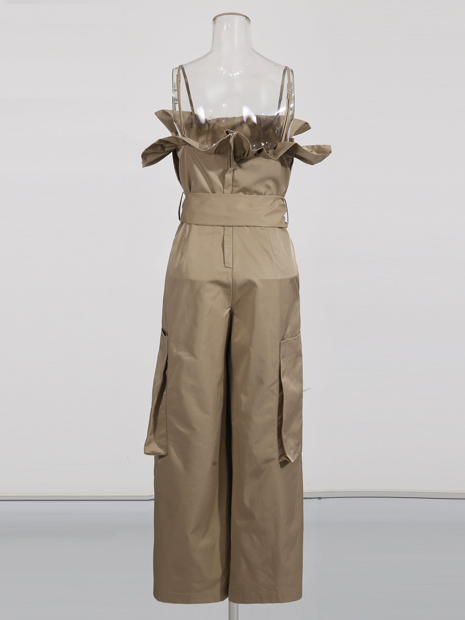 Khaki Off - Shoulder Jumpsuit with Belted Waist - SISPELL