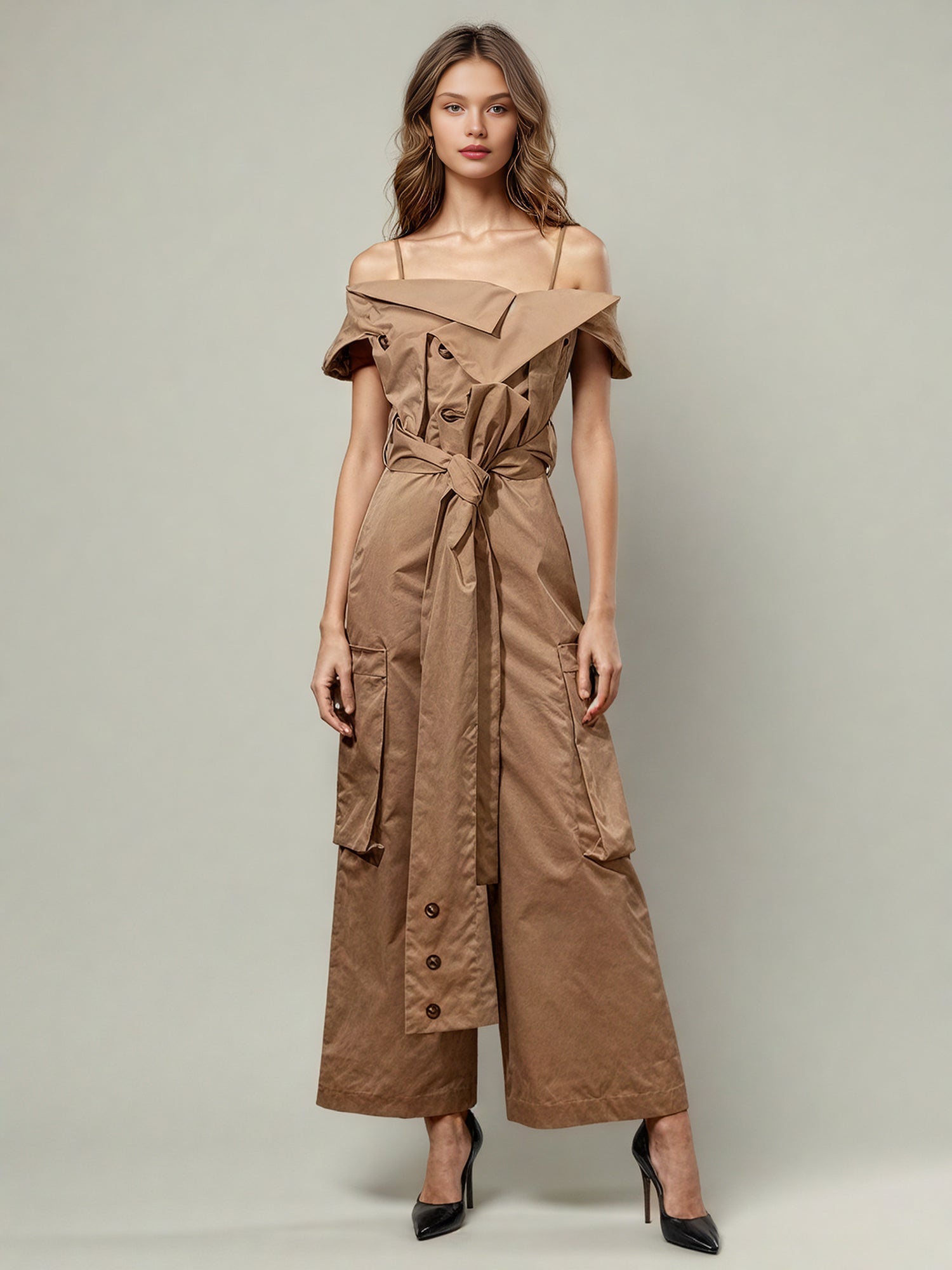 Khaki Off - Shoulder Jumpsuit with Belted Waist - SISPELL