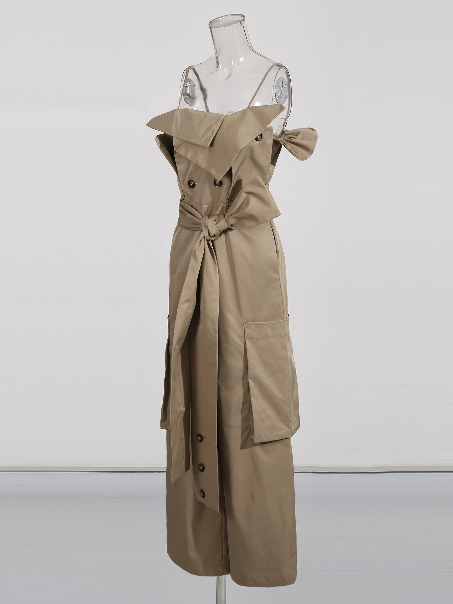 Khaki Off - Shoulder Jumpsuit with Belted Waist - SISPELL
