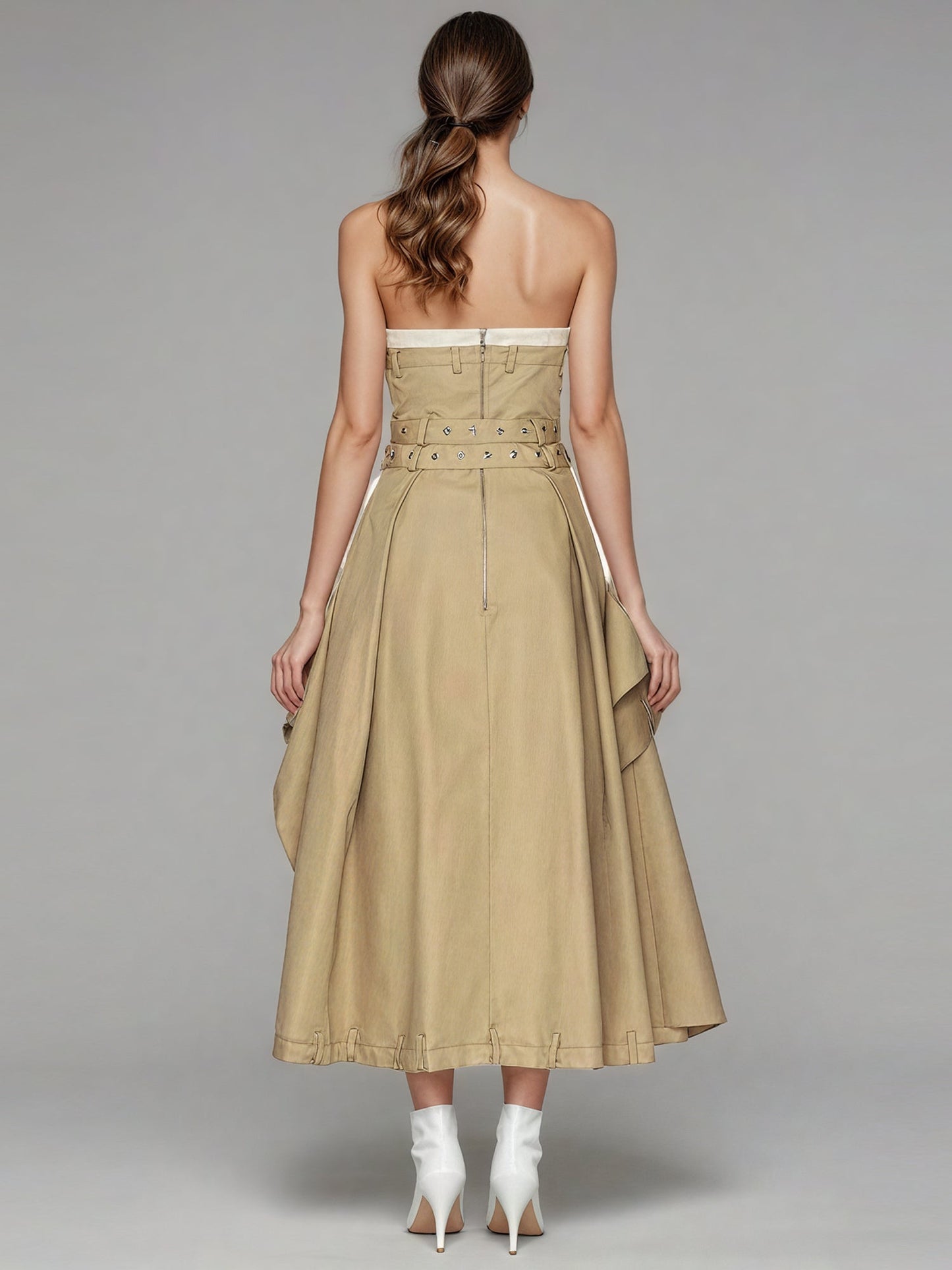 Khaki Strapless Trench Midi Dress with Buckle Belt - SISPELL
