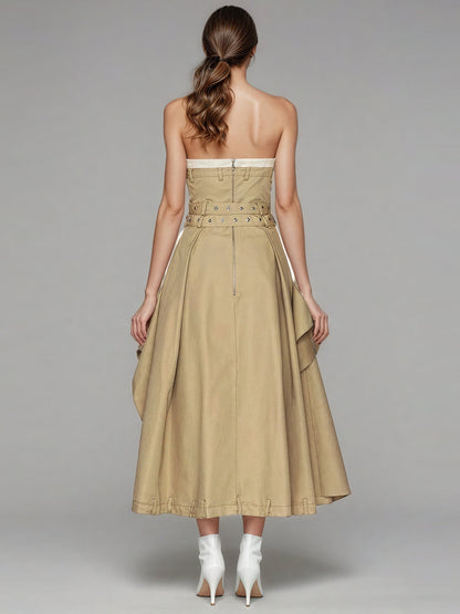 Khaki Strapless Trench Midi Dress with Buckle Belt - SISPELL
