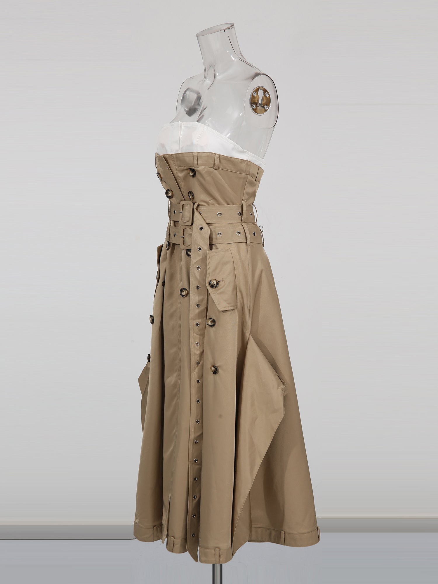 Khaki Strapless Trench Midi Dress with Buckle Belt - SISPELL