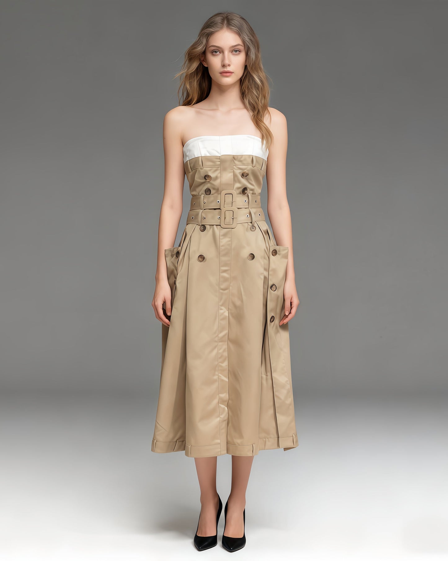 Khaki Strapless Trench Midi Dress with Buckle Belt - SISPELL