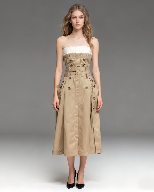 Khaki Strapless Trench Midi Dress with Buckle Belt - SISPELL