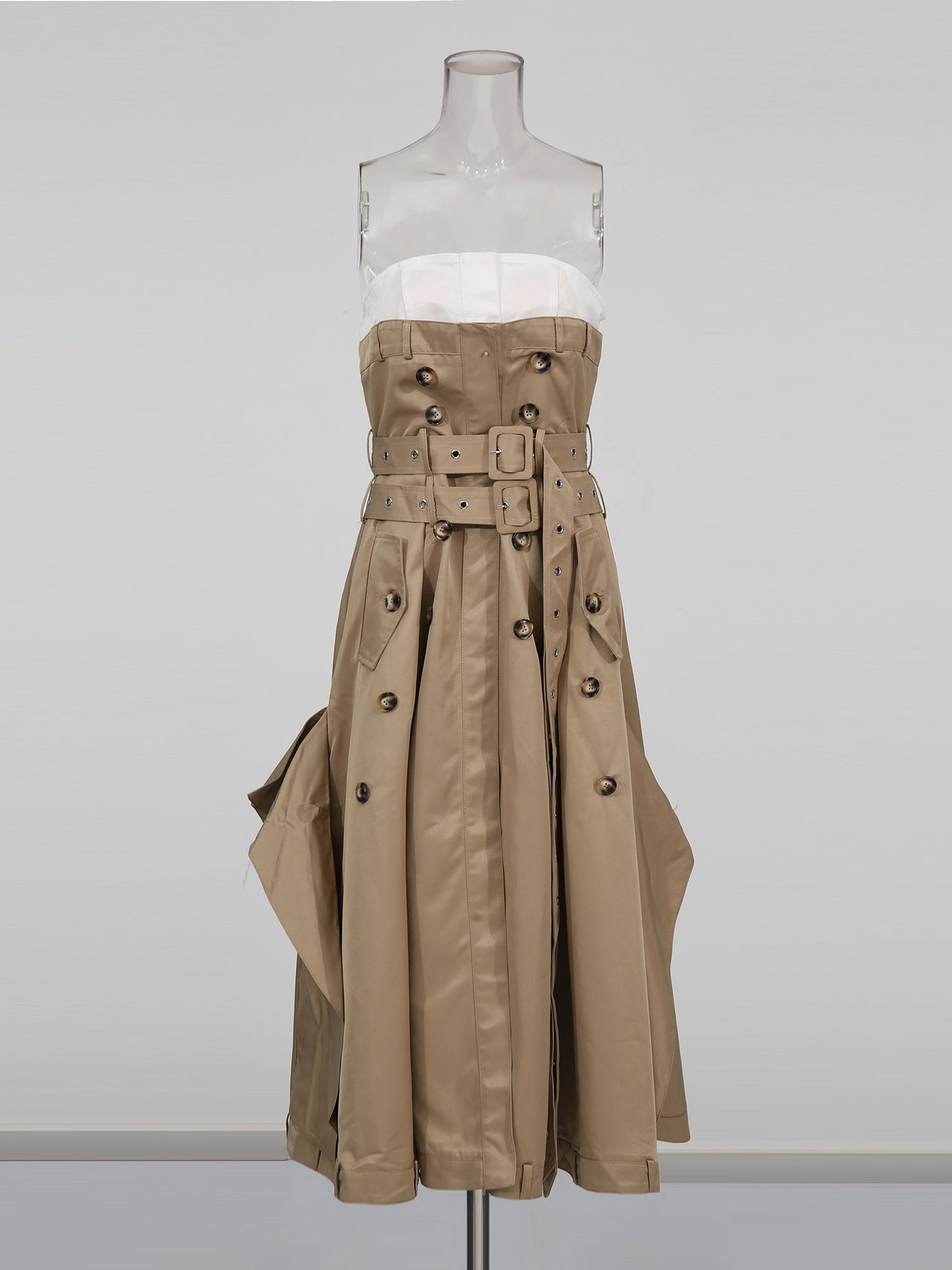 Khaki Strapless Trench Midi Dress with Buckle Belt - SISPELL