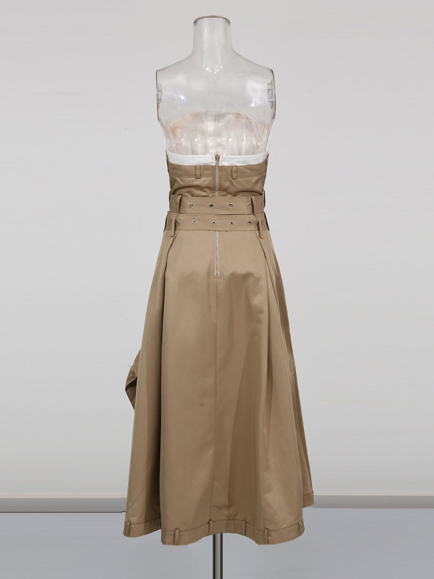 Khaki Strapless Trench Midi Dress with Buckle Belt - SISPELL