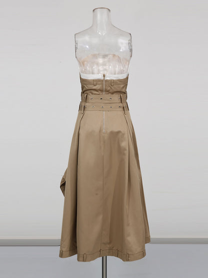 Khaki Strapless Trench Midi Dress with Buckle Belt - SISPELL