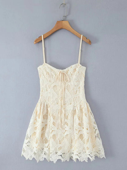 Lace Patchwork Strap Short Dress - SISPELL