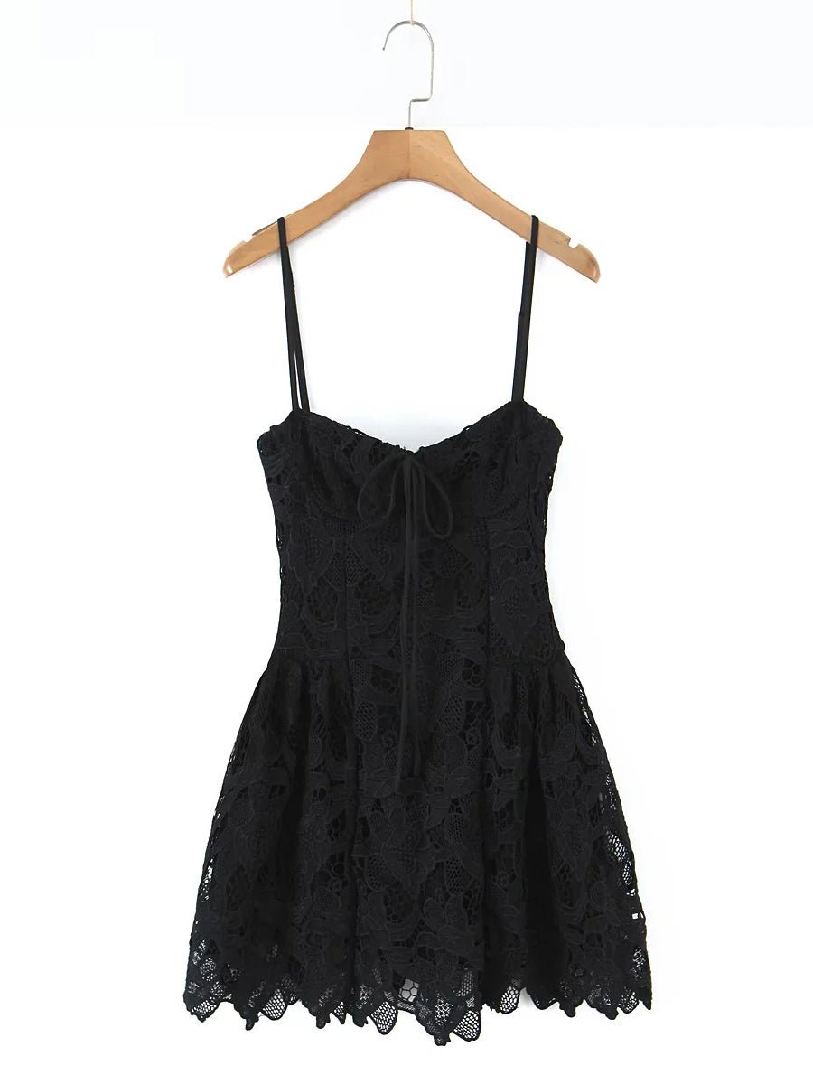 Lace Patchwork Strap Short Dress - SISPELL