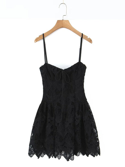 Lace Patchwork Strap Short Dress - SISPELL