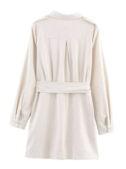 Lapel Solid Patchwork Short Dress - SISPELL