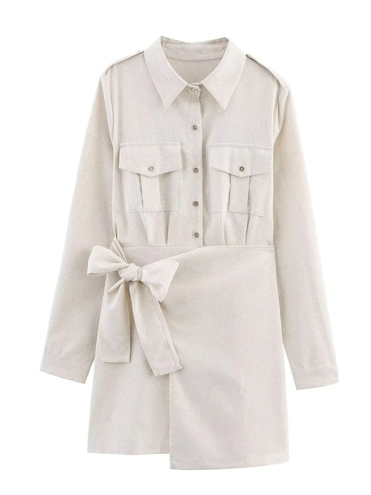 Lapel Solid Patchwork Short Dress - SISPELL