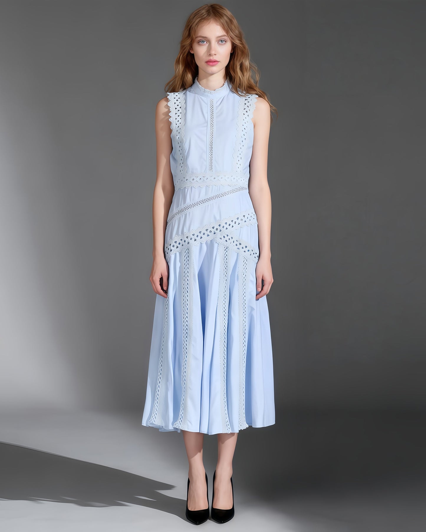 Light Blue Lace Sleeveless Midi Dress - SISPELL