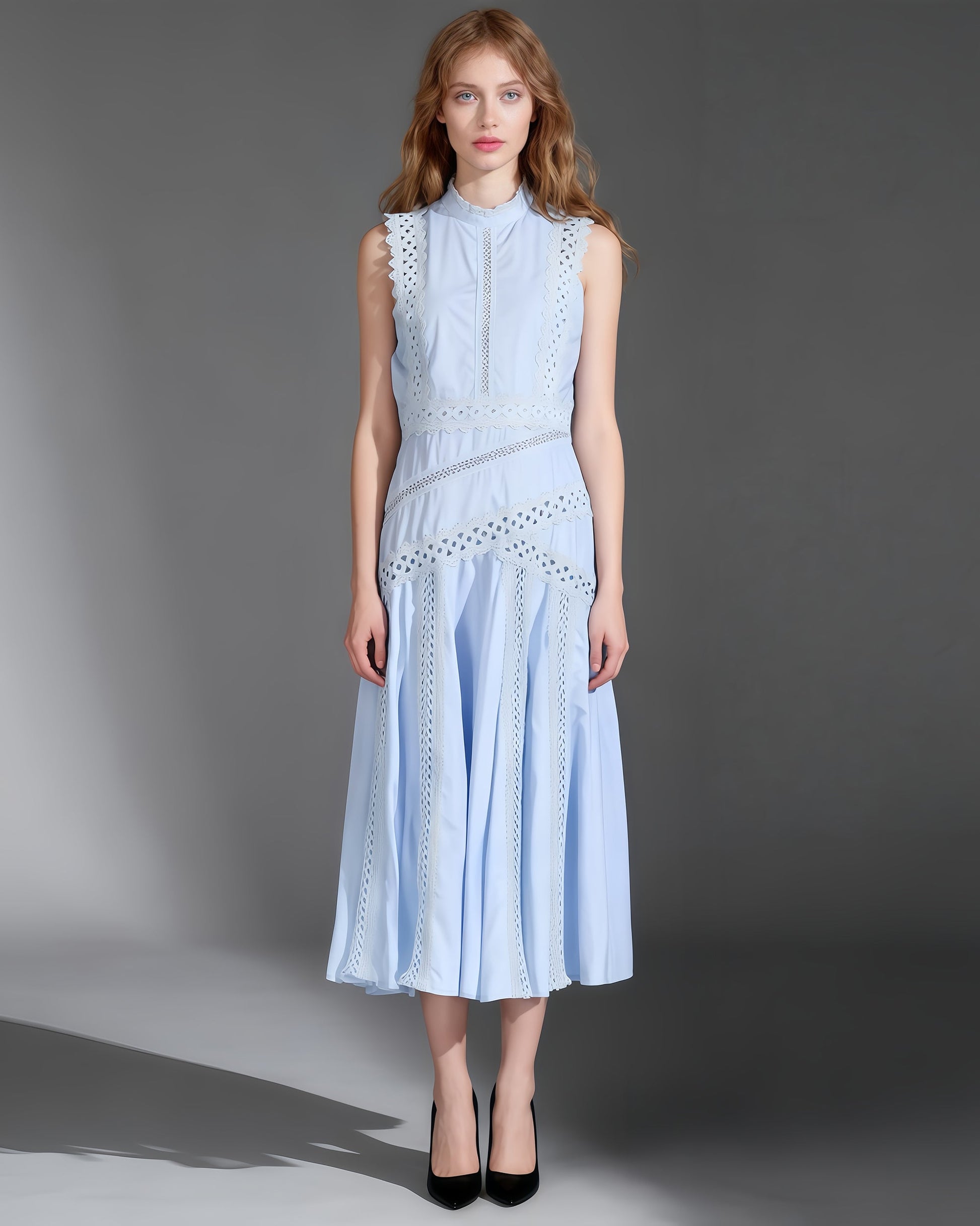 Light Blue Lace Sleeveless Midi Dress - SISPELL