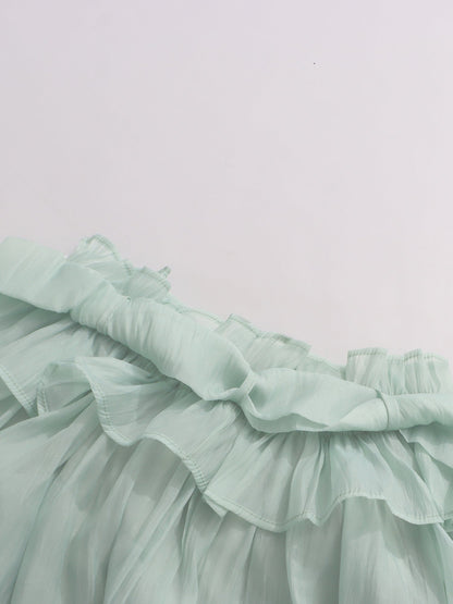 Light Green Off - Shoulder Ruffled Sheer Blouse - SISPELL