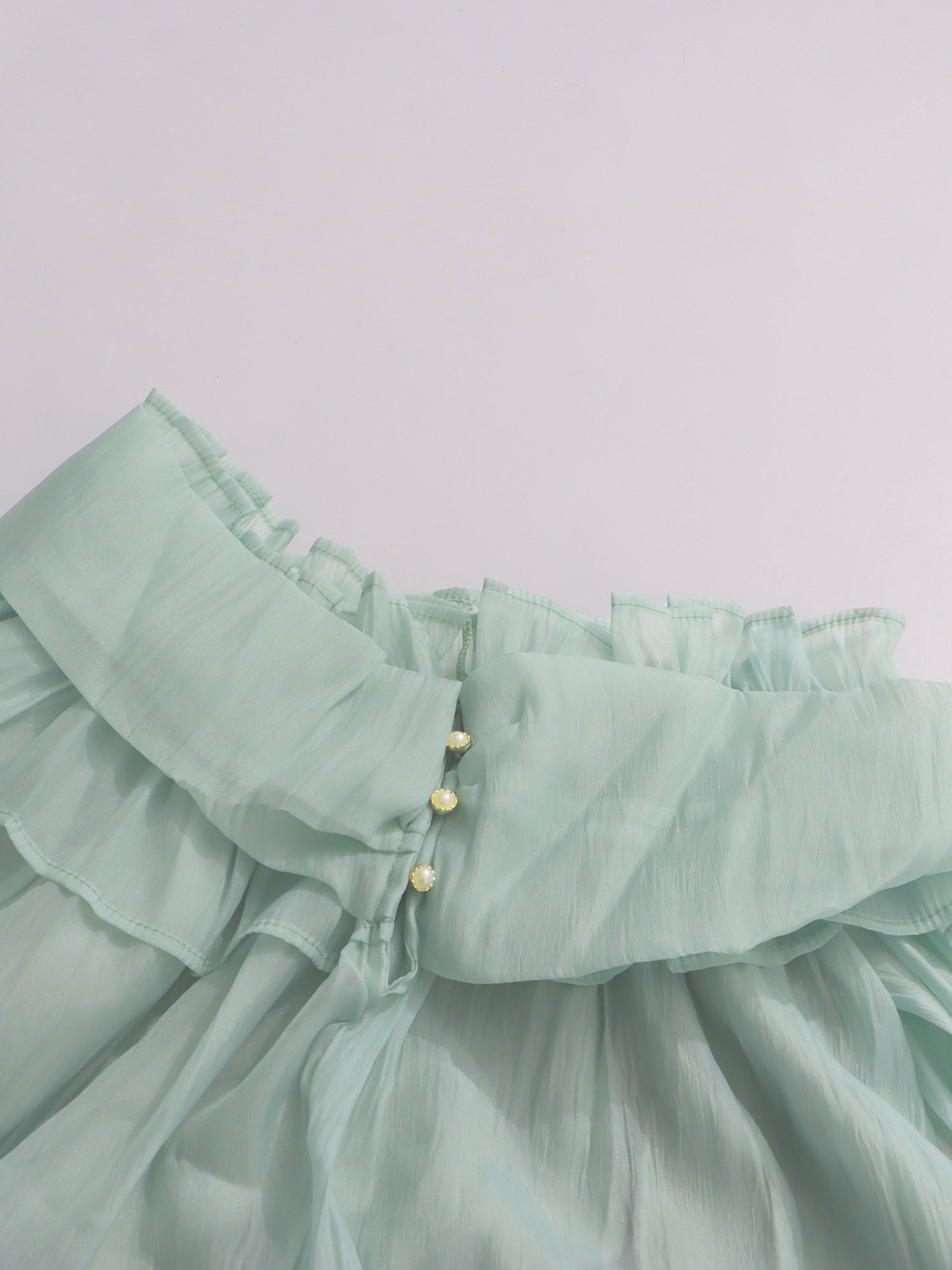 Light Green Off - Shoulder Ruffled Sheer Blouse - SISPELL
