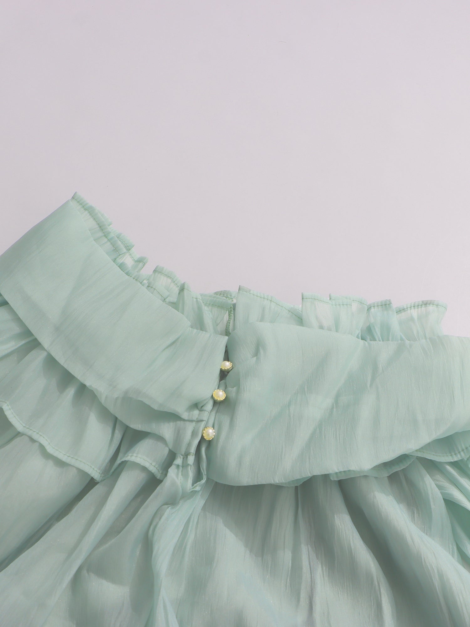 Light Green Off - Shoulder Ruffled Sheer Blouse - SISPELL