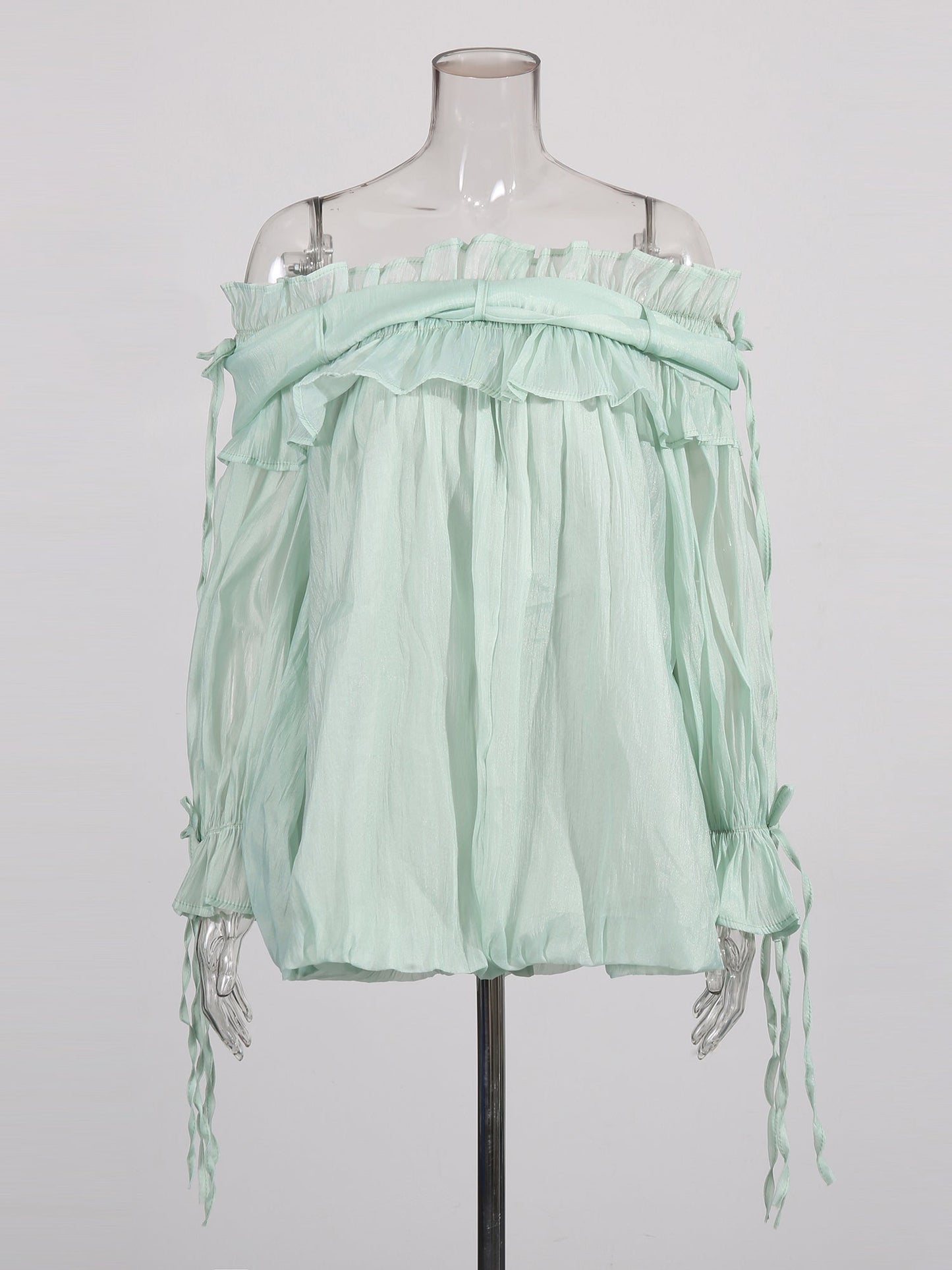 Light Green Off - Shoulder Ruffled Sheer Blouse - SISPELL