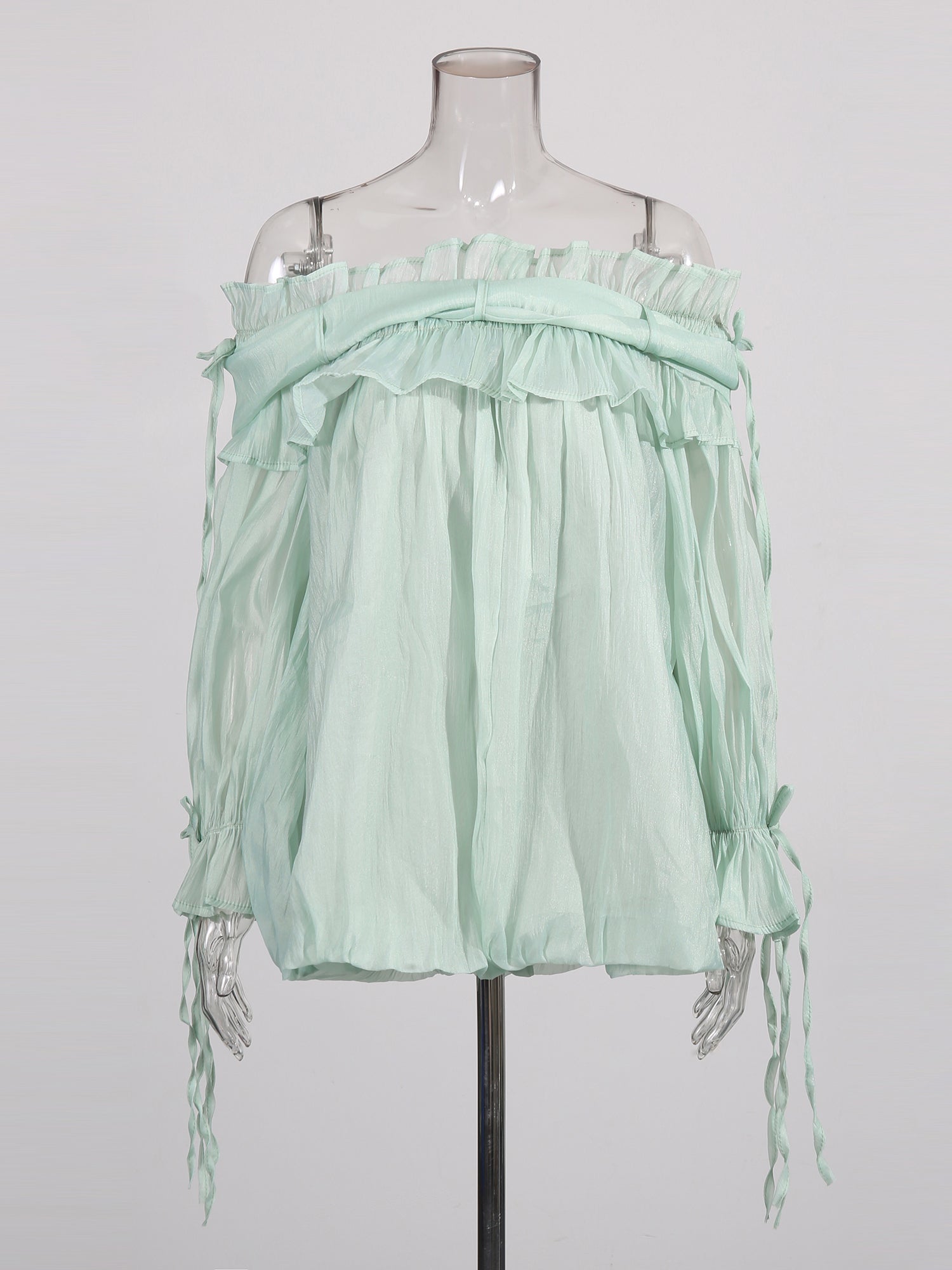 Light Green Off - Shoulder Ruffled Sheer Blouse - SISPELL