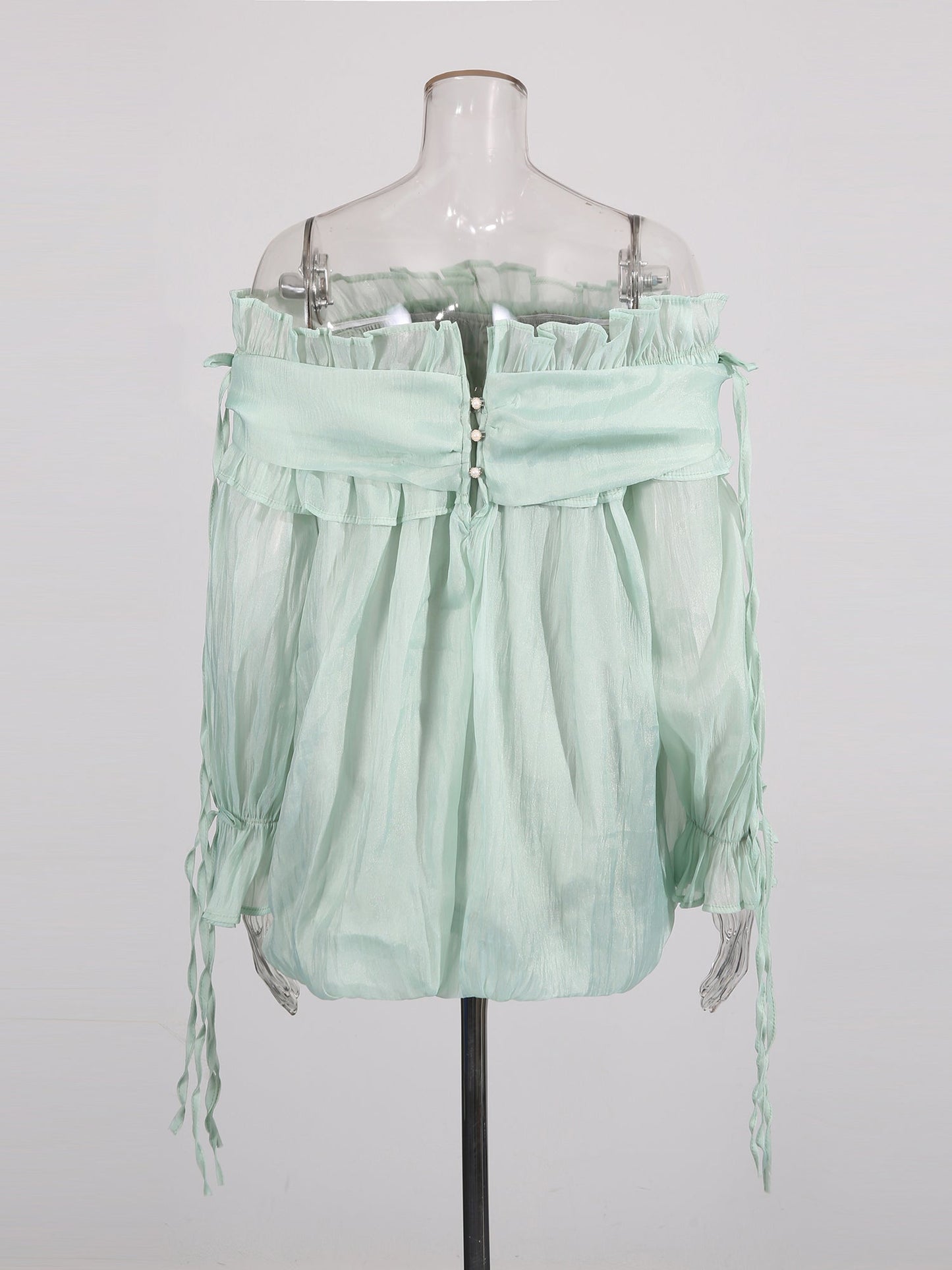 Light Green Off - Shoulder Ruffled Sheer Blouse - SISPELL