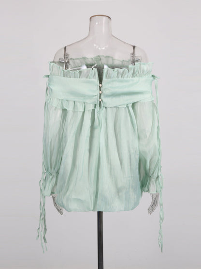 Light Green Off - Shoulder Ruffled Sheer Blouse - SISPELL