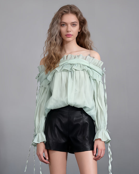 Light Green Off - Shoulder Ruffled Sheer Blouse - SISPELL
