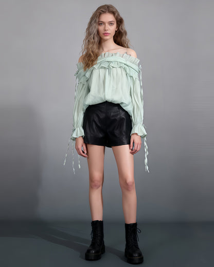 Light Green Off - Shoulder Ruffled Sheer Blouse - SISPELL