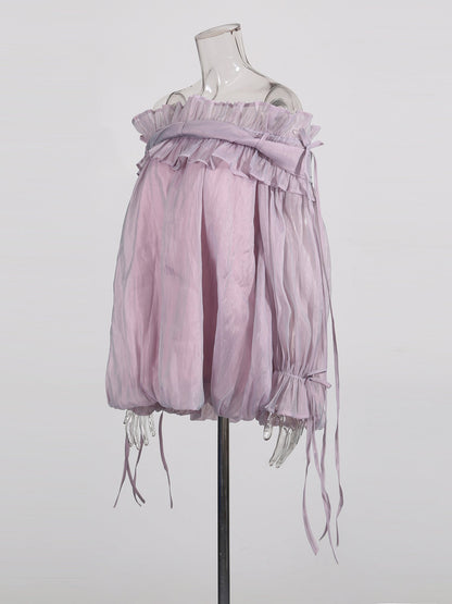 Light Purple Off - Shoulder Ruffled Sheer Blouse - SISPELL