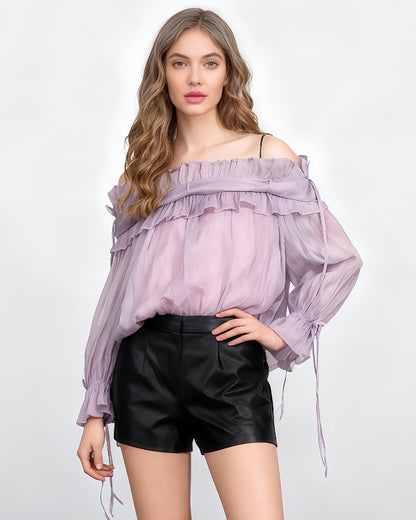 Light Purple Off - Shoulder Ruffled Sheer Blouse - SISPELL