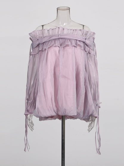 Light Purple Off - Shoulder Ruffled Sheer Blouse - SISPELL