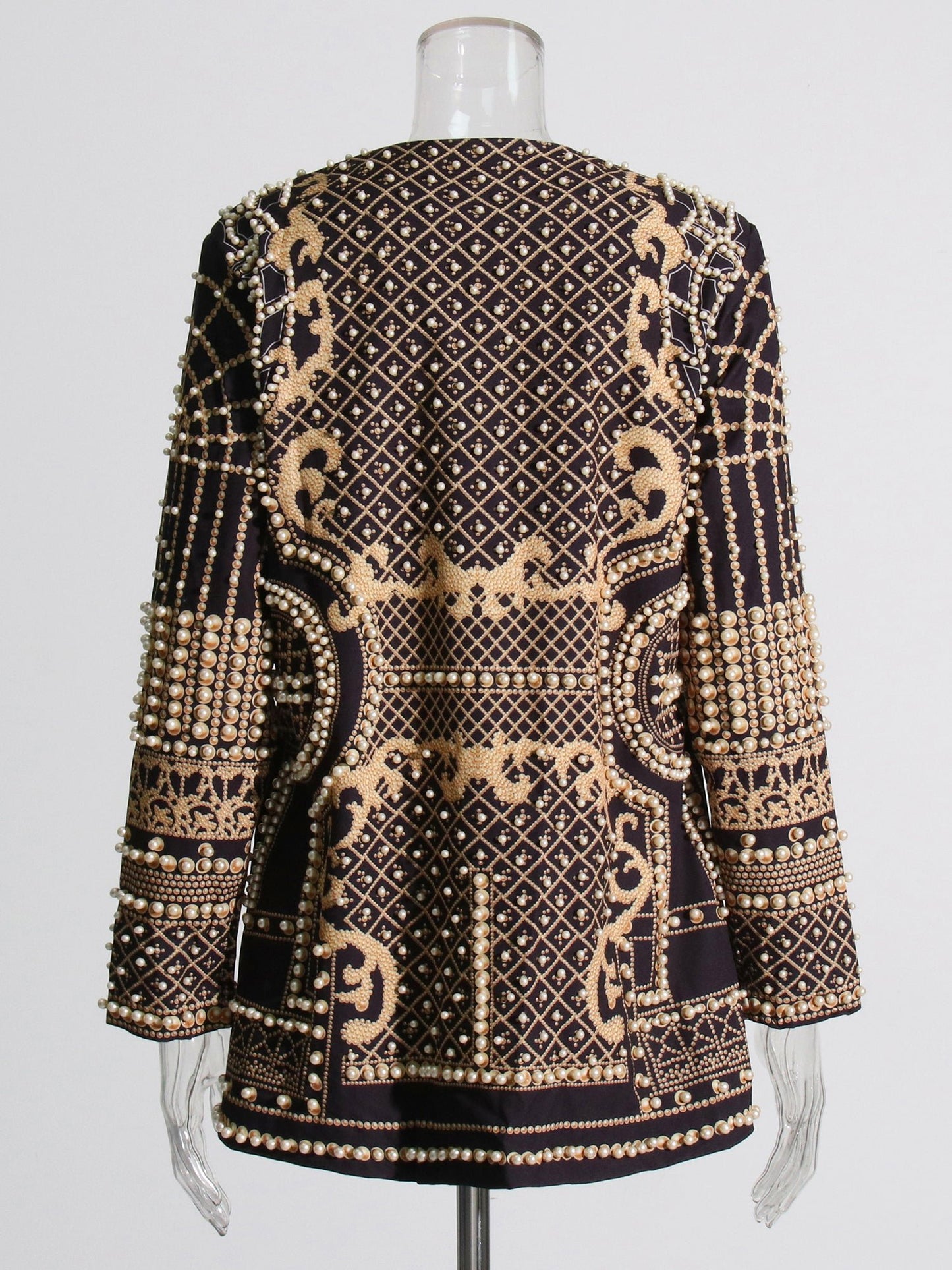 Luxurious Black Blazer with Gold and Pearl Embellishments - SISPELL