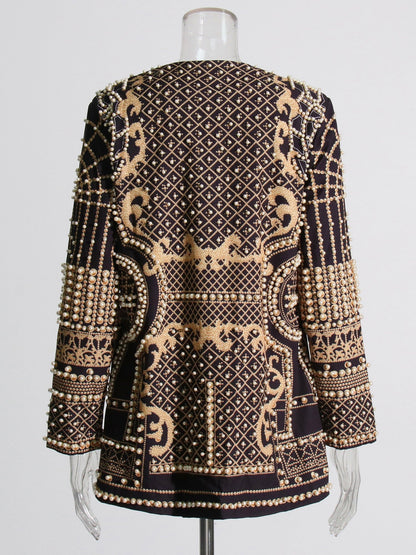 Luxurious Black Blazer with Gold and Pearl Embellishments - SISPELL