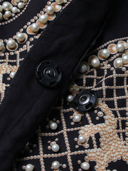 Luxurious Black Blazer with Gold and Pearl Embellishments - SISPELL
