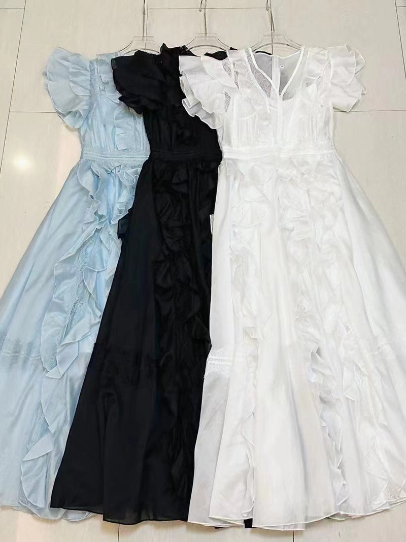 Elegant Patchwork Ruffles V-neck Mesh Midi Dress