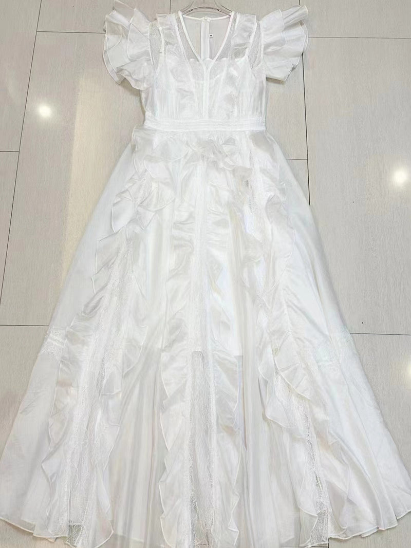 Elegant Patchwork Ruffles V-neck Mesh Midi Dress