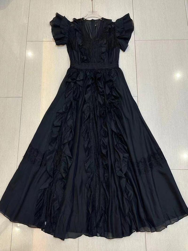 Elegant Patchwork Ruffles V-neck Mesh Midi Dress