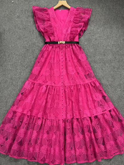 Pleated Mesh Solid Elegant Long Dress