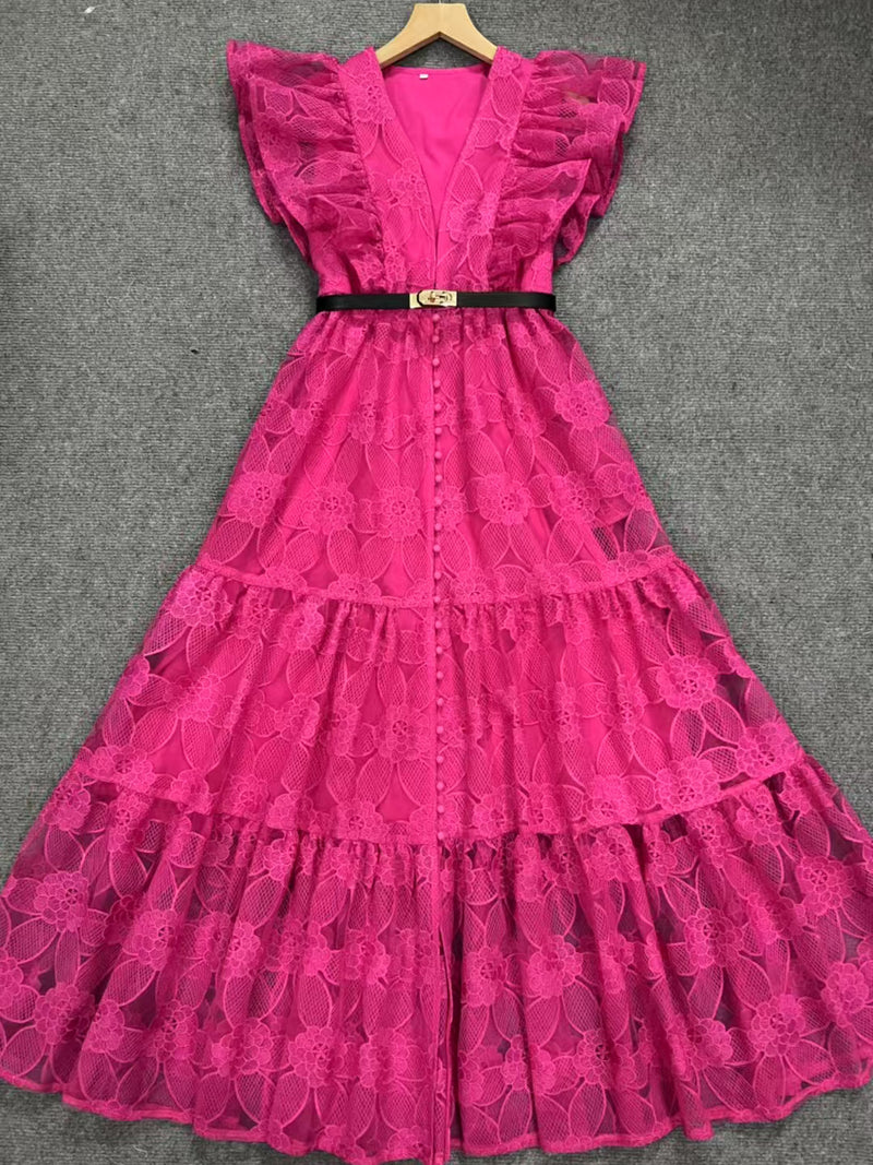 Pleated Mesh Solid Elegant Long Dress