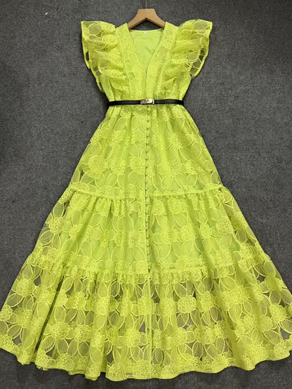 Pleated Mesh Solid Elegant Long Dress