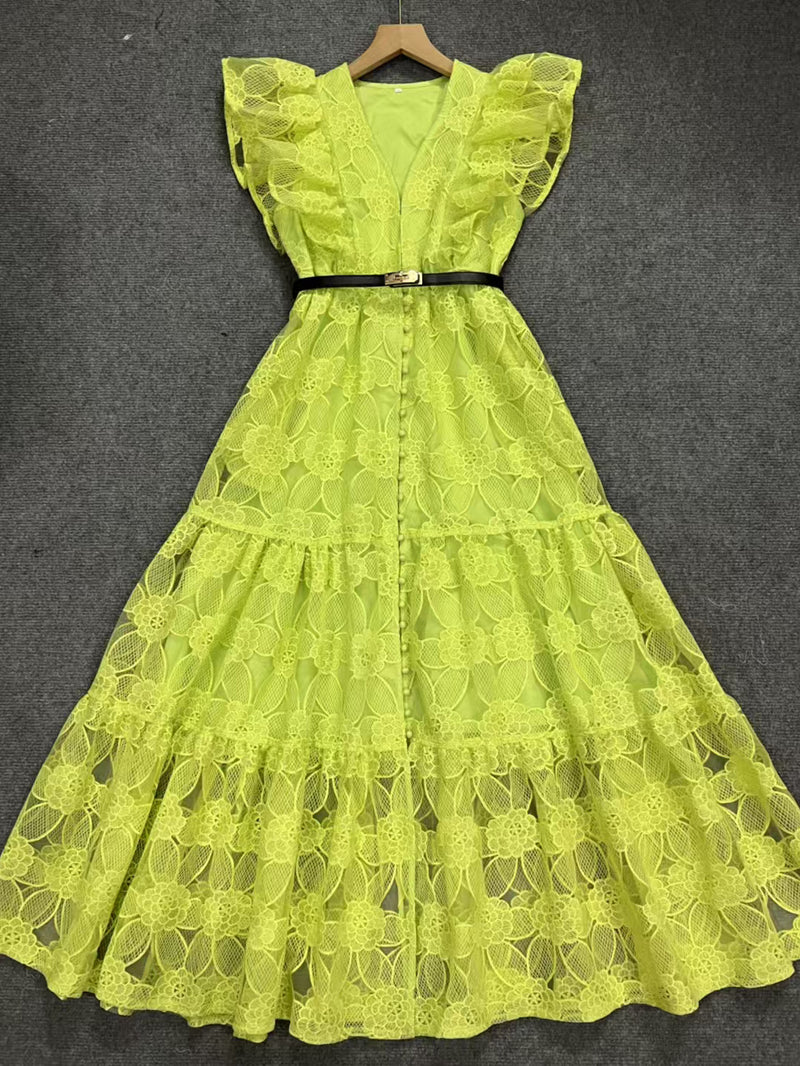 Pleated Mesh Solid Elegant Long Dress